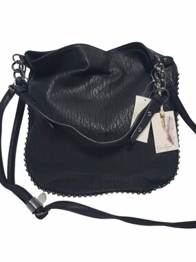 Jessica Simpson Black Beaded Trim Shoulder Bag with Chain Accents